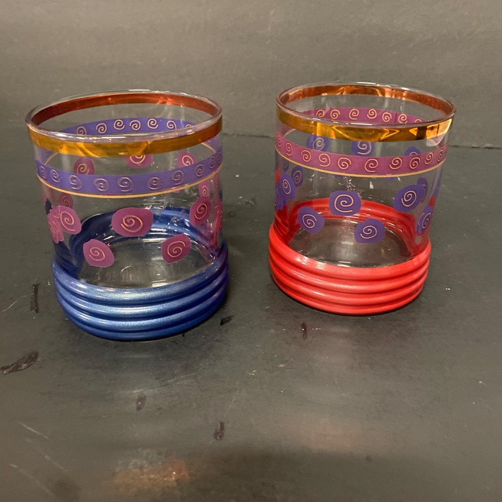 Vintage Sakura Sango Lowball Glasses Set Of 2, MCM Gold Rimmed Red & Blue